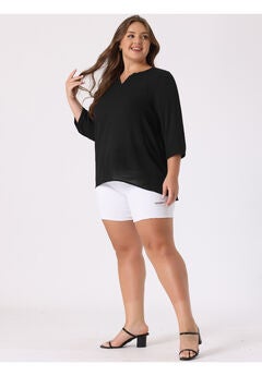 3/4 Sleeve Sheer Flowy Summer Split V Neck Blouse
