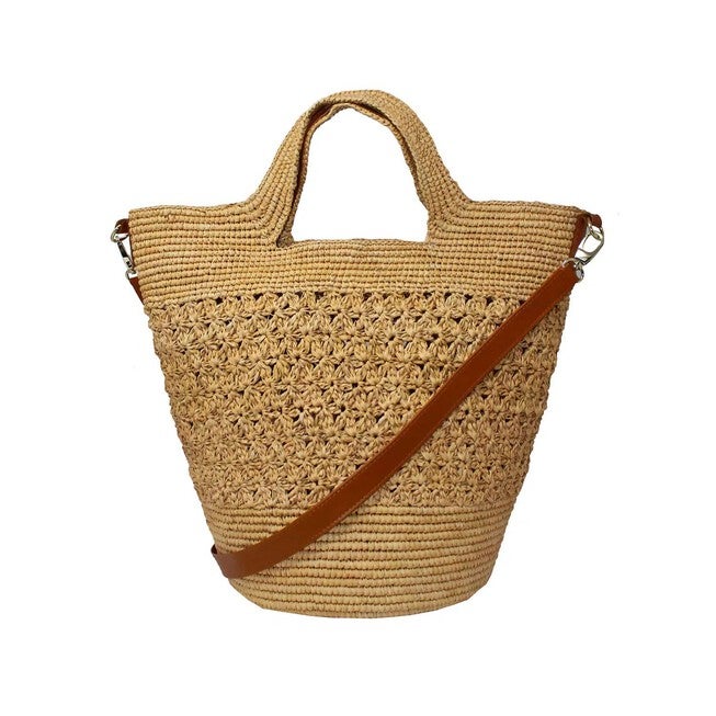 Tall Bag With Leather Strap in Beige Straw With Cognac Leather, Beige Straw With Cognac Leather / Beige, hi-res image number null