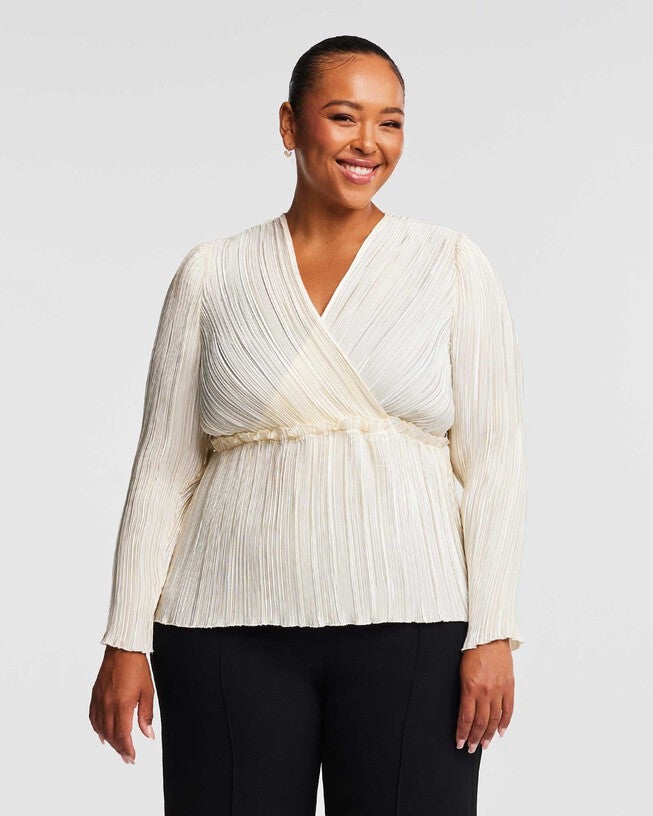 Alexandra Cream Wrap-Illusion Pleated Top, , alternate image number null