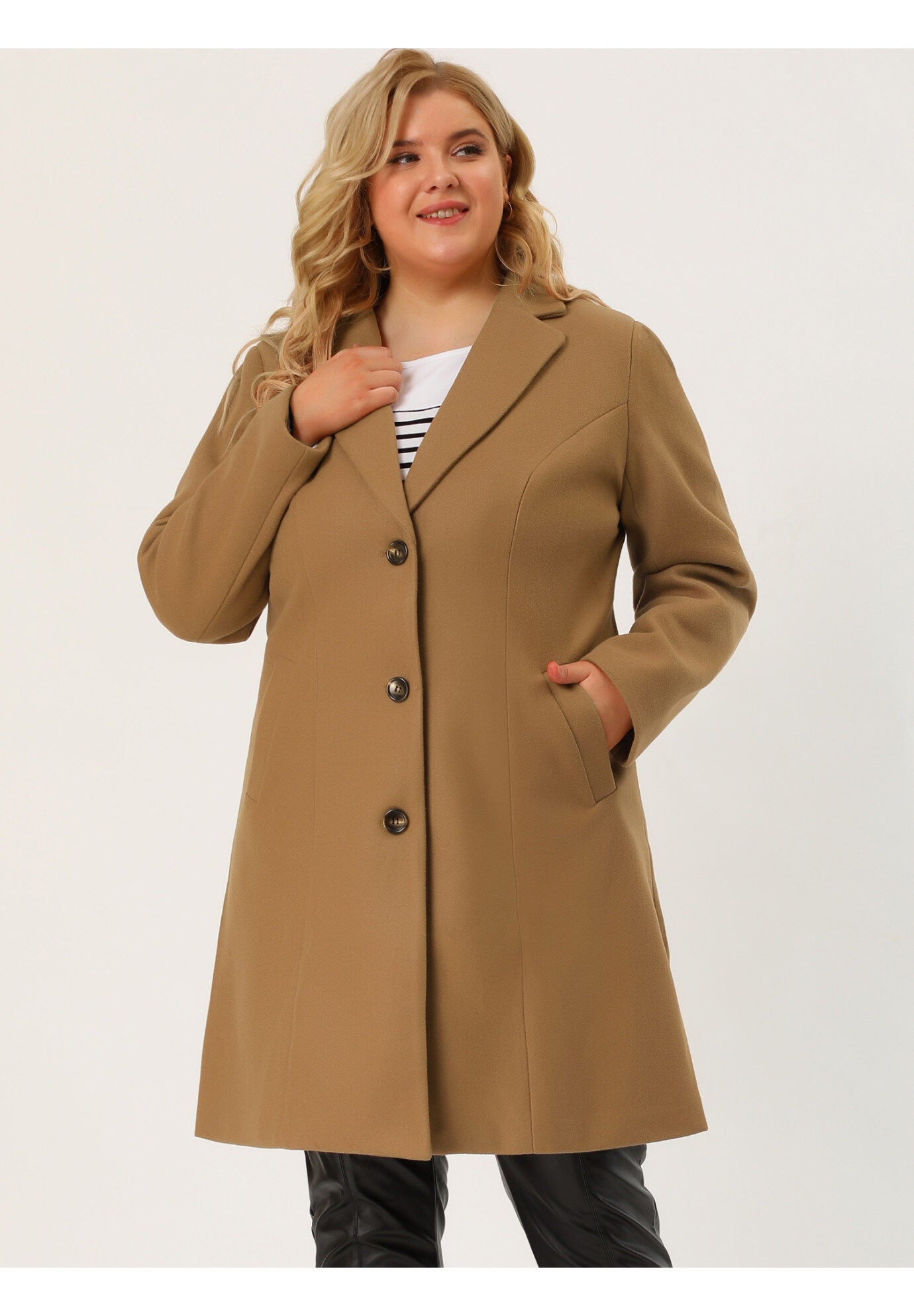 SINGLE BREASTED NOTCHED LAPEL LONG WINTER COAT, Camel / Brown, alternate image number 2