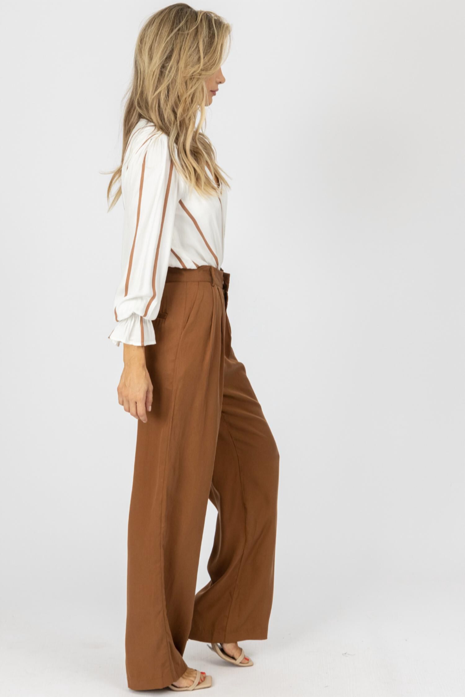 High Waisted Wide Leg Trousers In Brown, , alternate image number 3