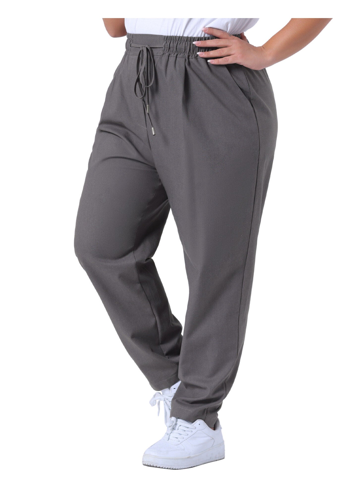 STRAIGHT LEG DRAWSTRING ELASTIC LOOSE TROUSERS, Grey / Charcoal Grey, alternate image number 2