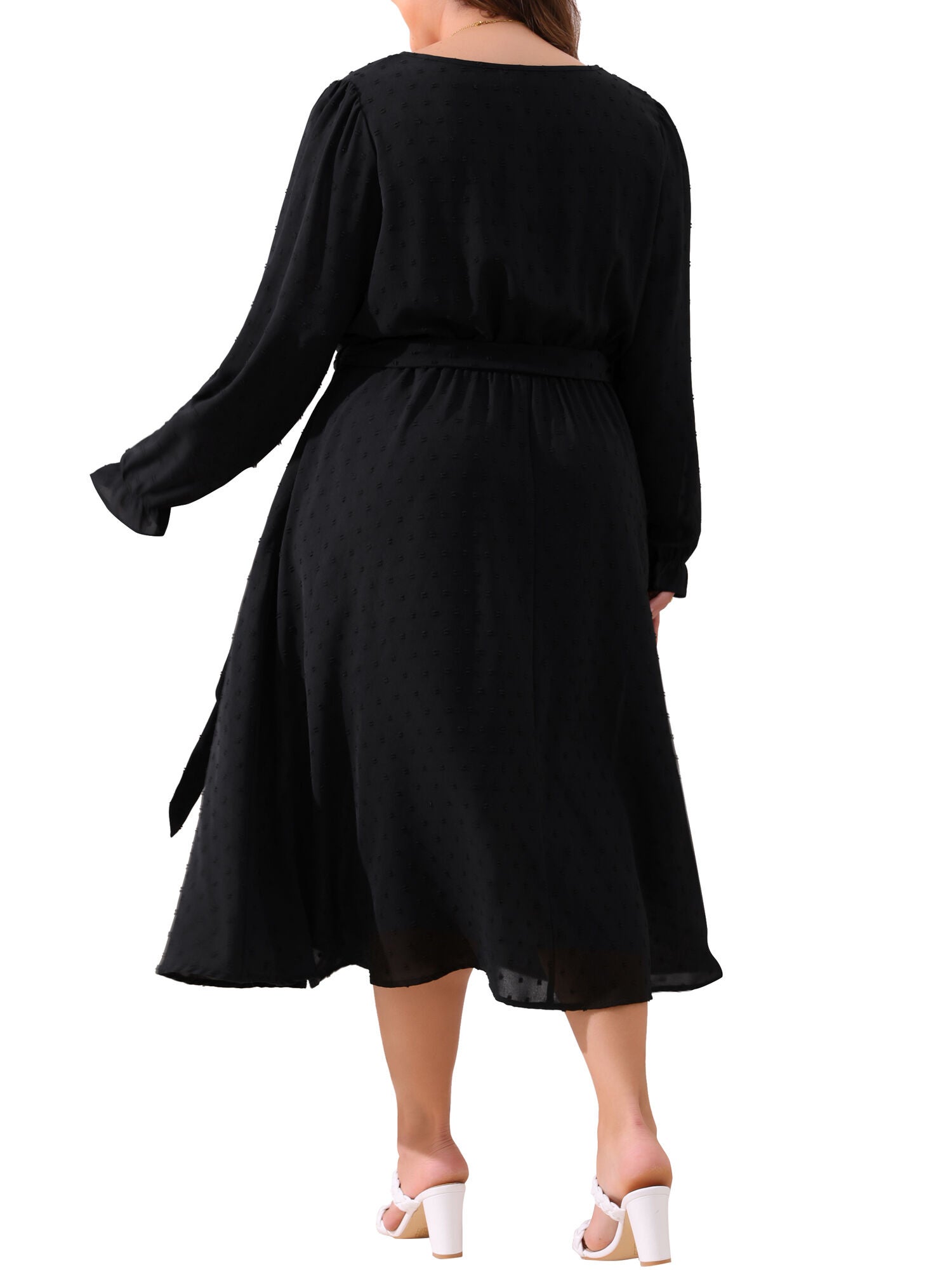 Swiss Dot V Neck Tie Belt A Line Flowy Midi Dresses with Pockets, Black / Black, alternate image number 3