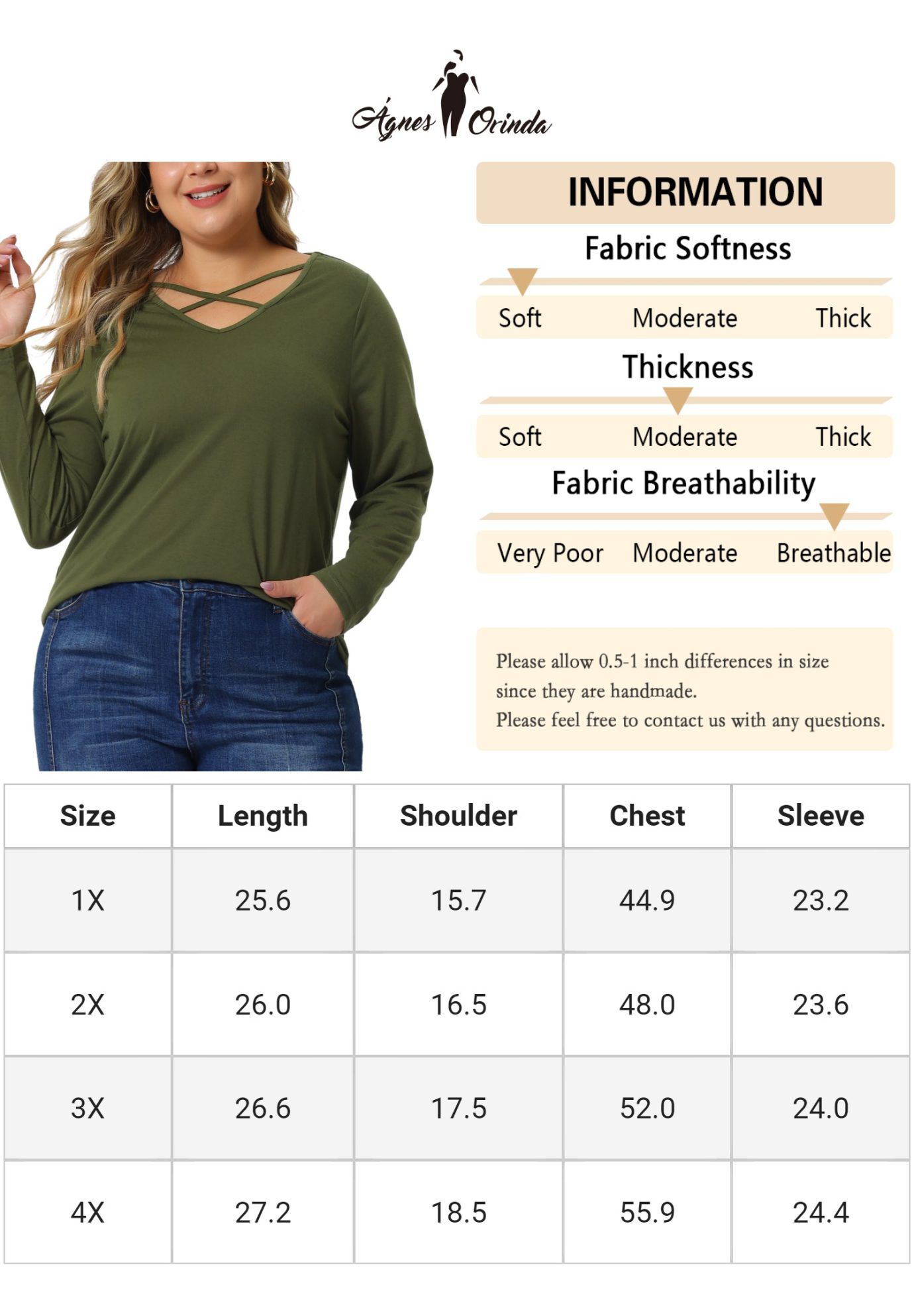 CROSS V NECK LONG SLEEVES T-SHIRT TOP, Army Green / Hunter Green, alternate image number 4