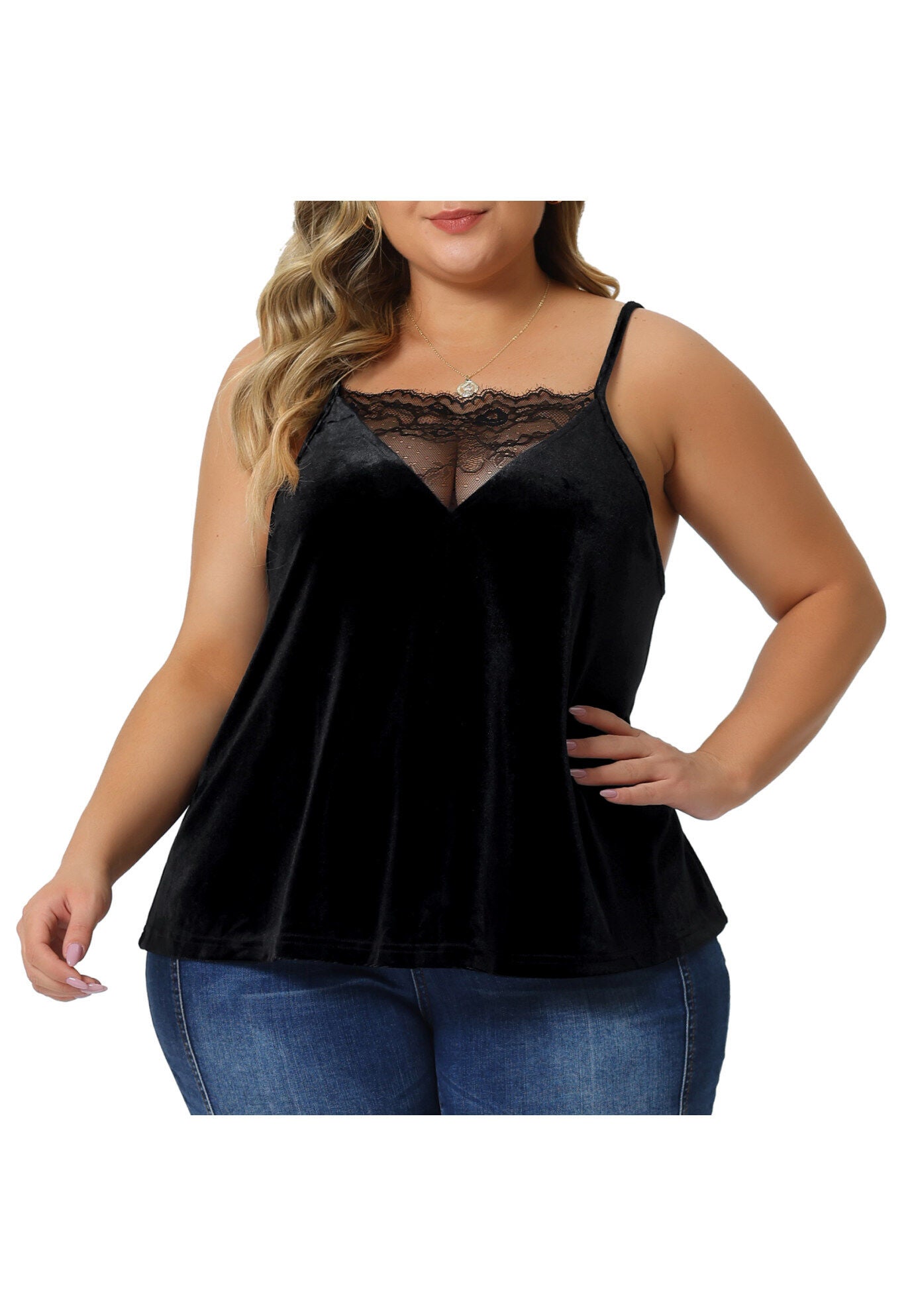 VELVET CAMI LACE DEEP V NECK SLEEVELESS TOP, Black / Black, alternate image number 2