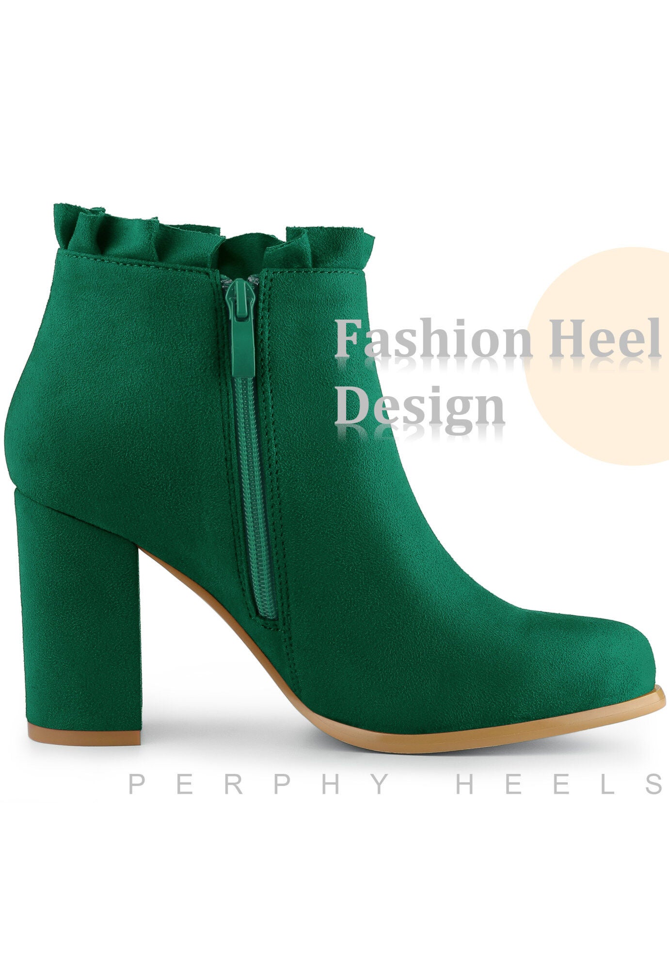 Ruffle Chunky Heel Booties Ankle Boots, Emerald Green / Forest Green, alternate image number 3