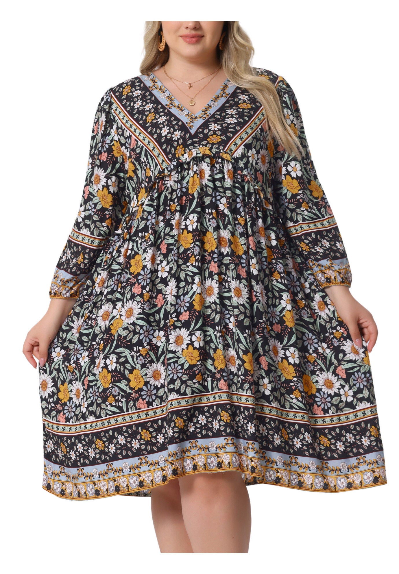 Boho Floral V Neck 3/4 Sleeve Mini Short Dress, Black Yellow / Yellow, alternate image number 2