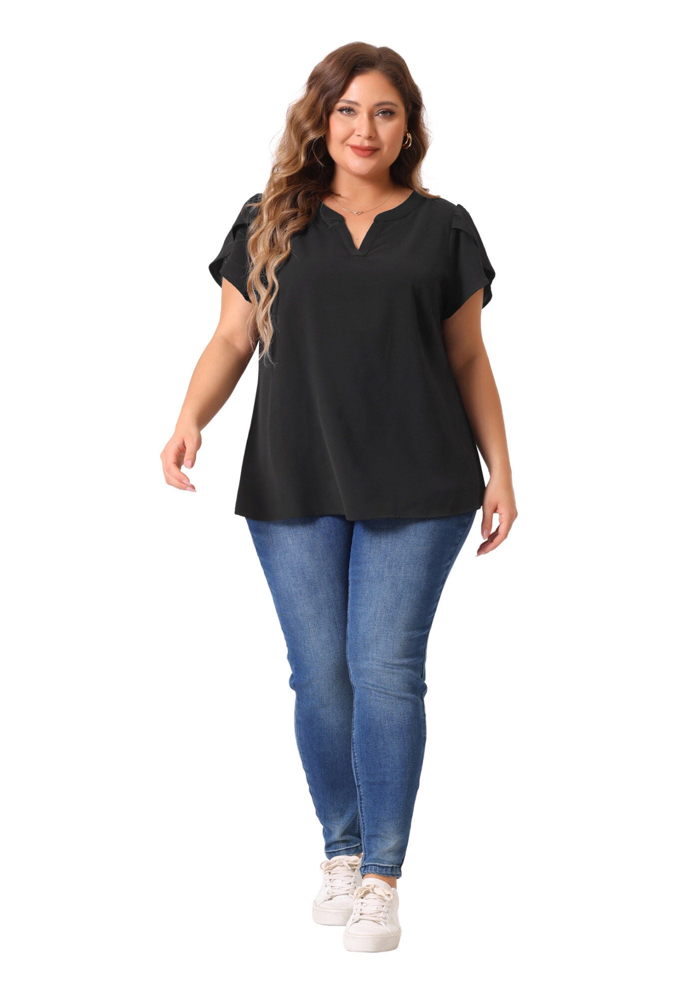 Notched V Neck Short Petal Sleeve Shirt Top, Black / Black, hi-res image number 0