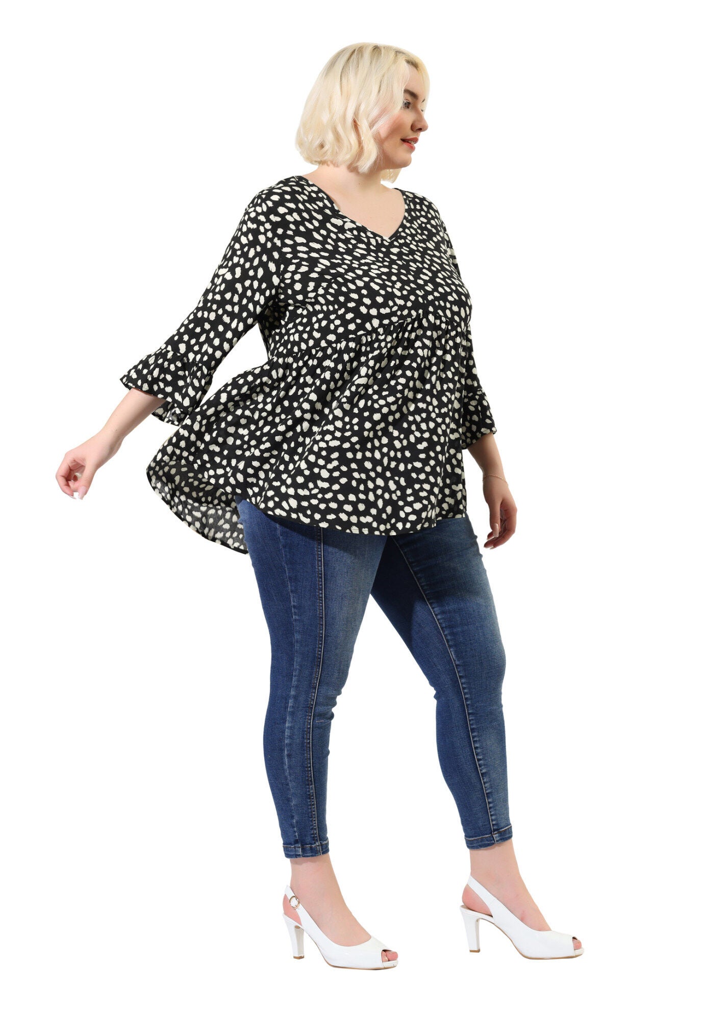 Polka Dots Blouse 3/4 Ruffle Sleeve Peplum Top, Black / Black, hi-res image number 0