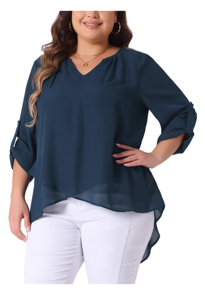 Long Sleeve Notch V Neck High Low Hem Layer Tunic Top, Navy Blue / Navy, alternate image number 2