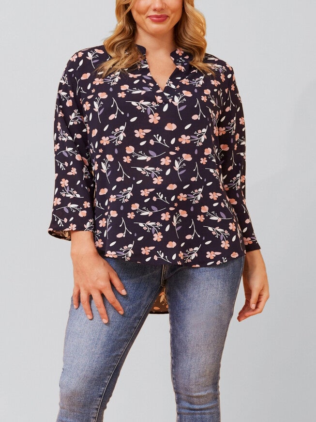 Sherine Blouse Floral Print V Neck Navy, Navy / Navy, alternate image number 3