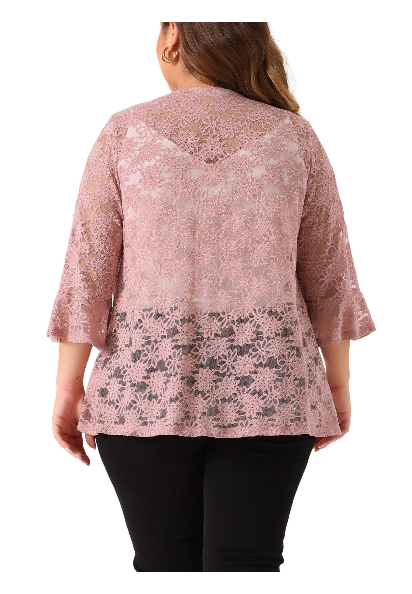 OPEN FRONT 3/4 BELL SLEEVE SHEER LIGHTWEIGHT LACE COVER UP CARDIGAN, Pink / Pink, alternate image number 3
