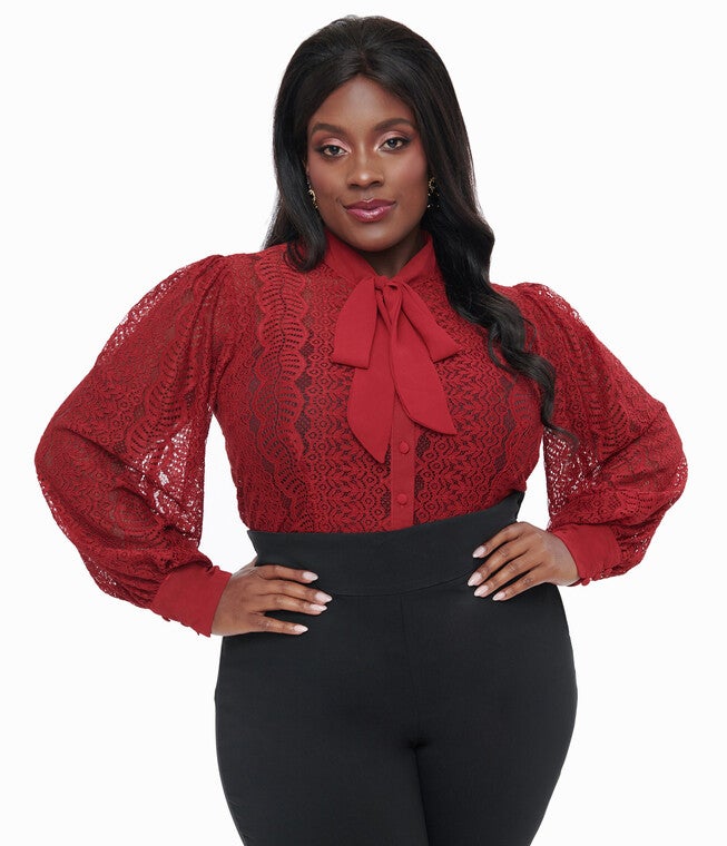 1940s Burgundy Lace Gwen Blouse, Burgundy / Burgundy, alternate image number null