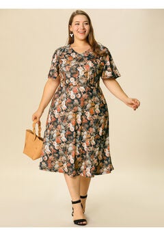 Short Sleeve Fit Flare Midi Sundress Floral Dress