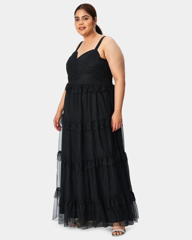 Corset-style sheer tulle maxi tiered dress, Black / Black, alternate image number 1