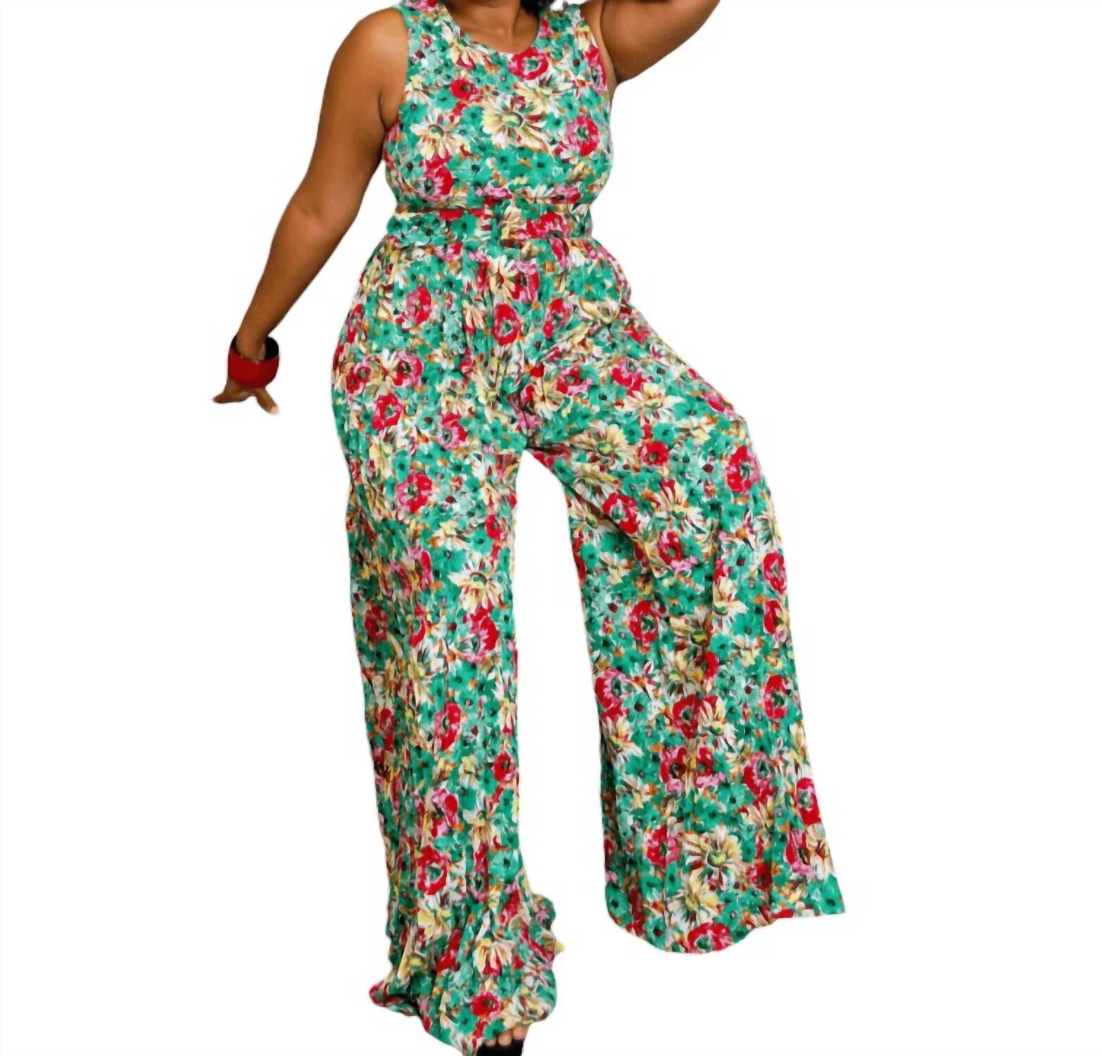 Pleated Floral Jumpsuit, Green / Kelly Green, alternate image number 3