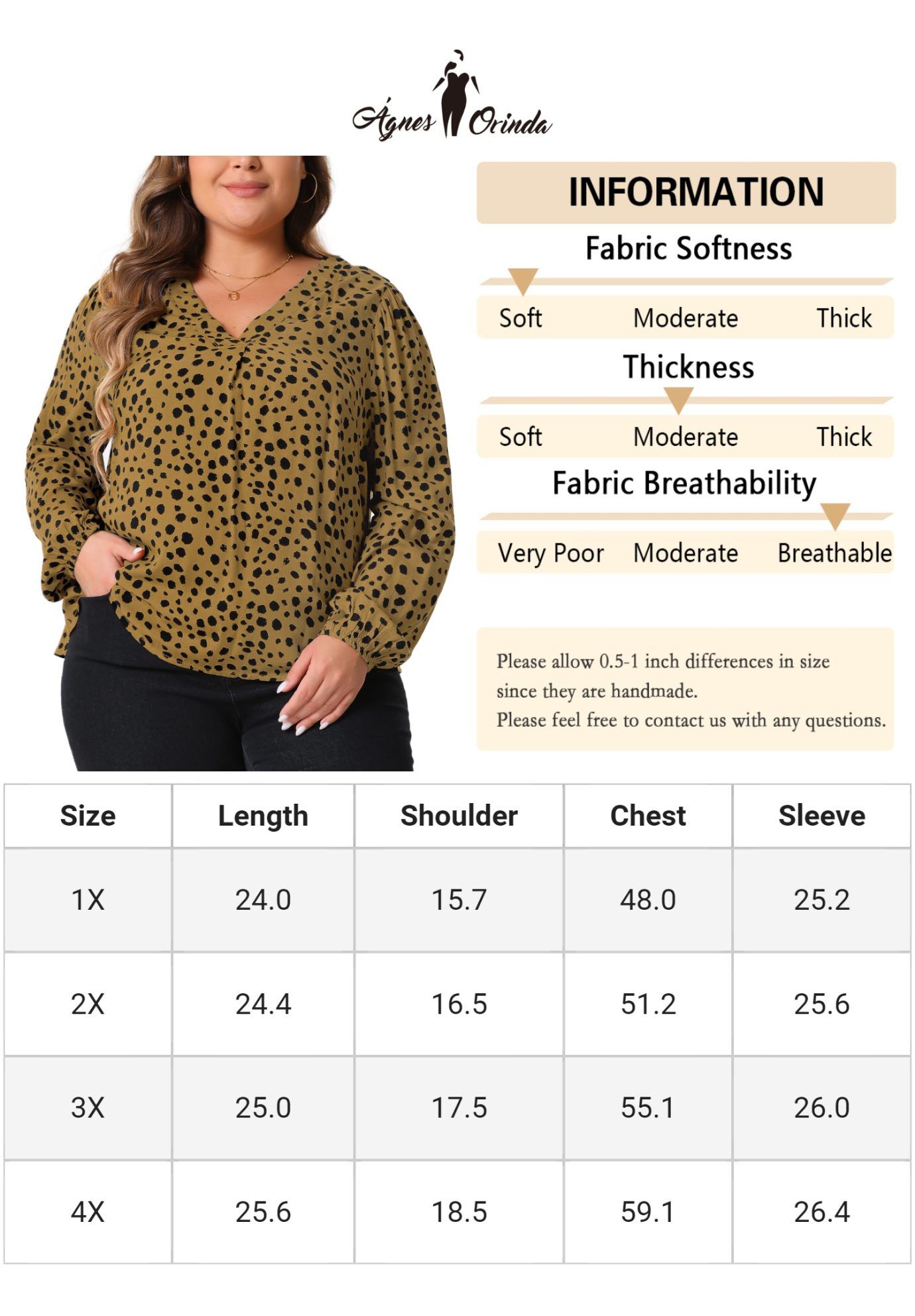 Polka Dot V Neck Long Sleeve Blouse Shirt, Brown / Brown, alternate image number 4