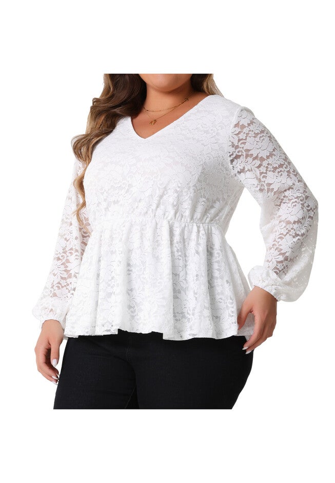 Lace Elegant Long Sleeve Floral Peplum Blouse, White / White, alternate image number 1