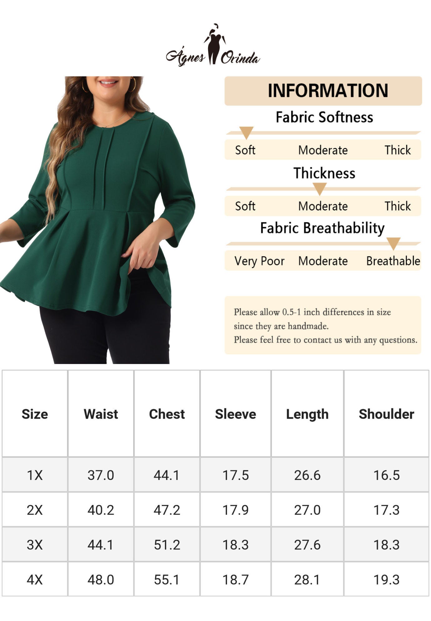 Crew Neck 3/4 Sleeve Peplum Top, Green / Forest Green, alternate image number 2