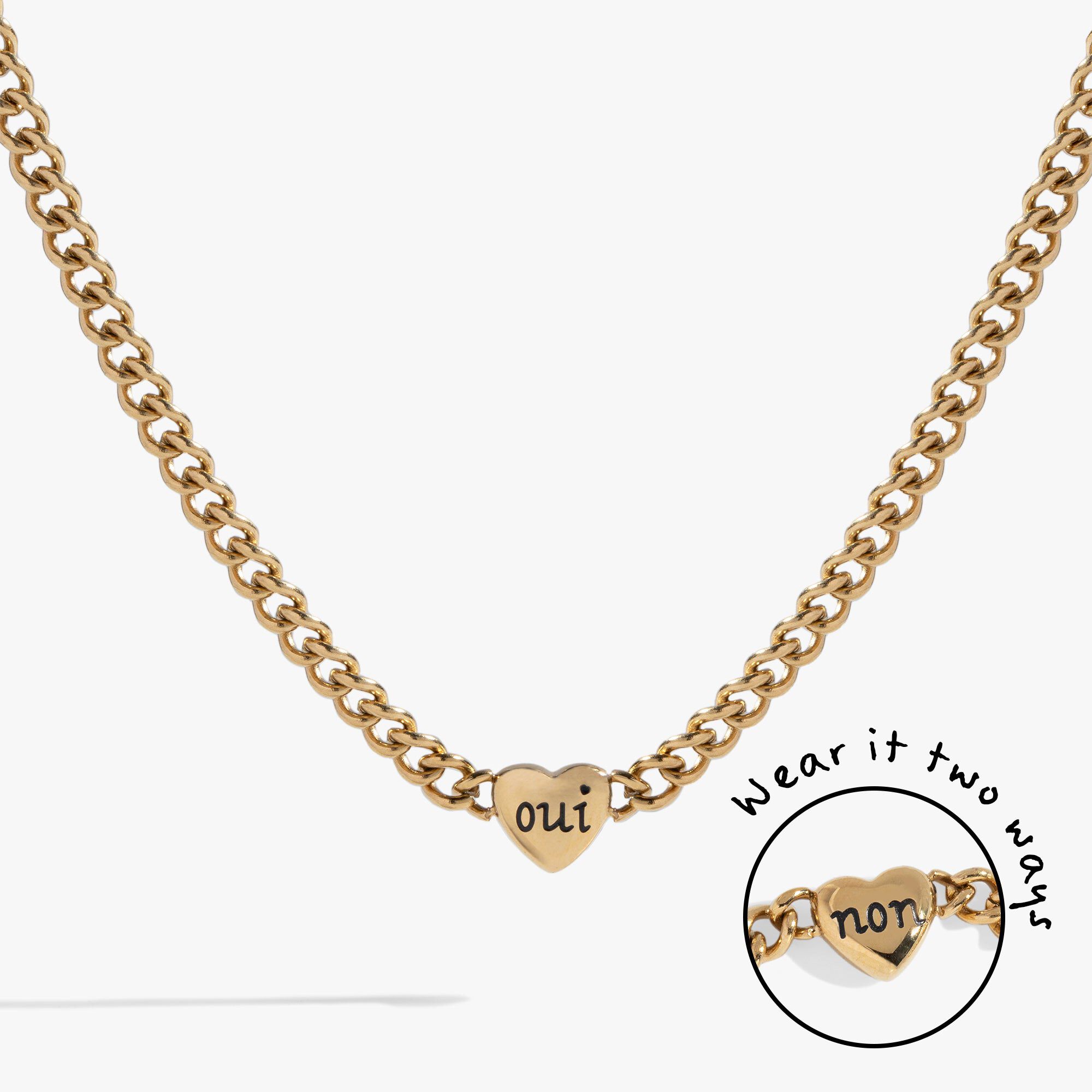 Engraved French &#39;Oui&#39; & &#39;Non&#39; Reversible Heart Necklace, Gold / Gold, hi-res image number 0