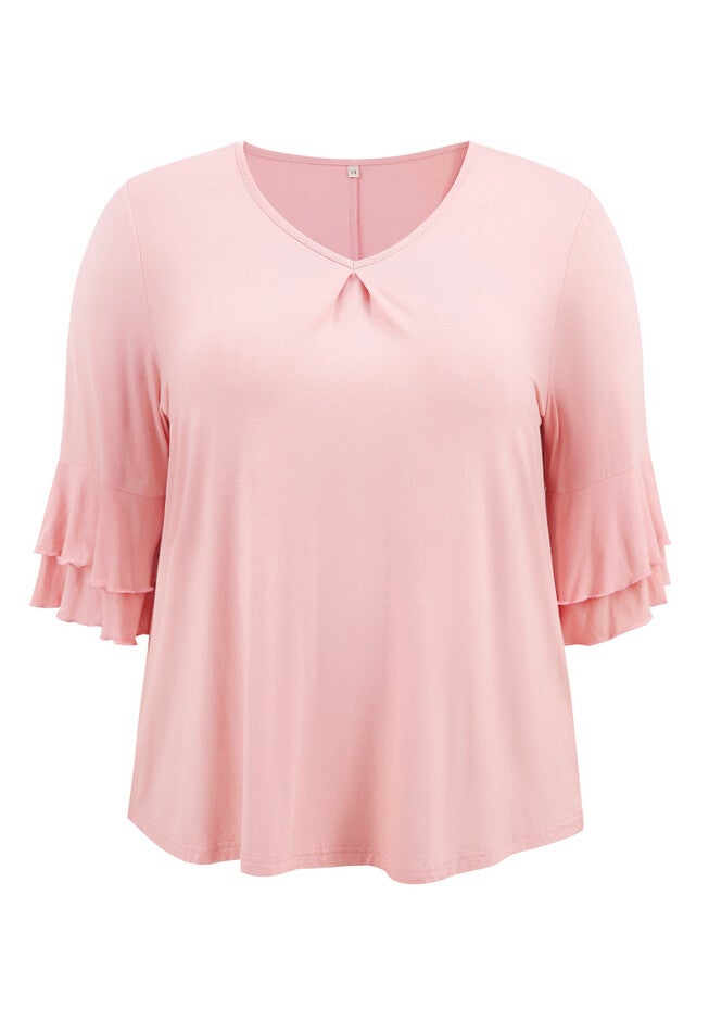 V Neck Double Layered Ruffle 3/4 Sleeve Pleated Front Blouse, Pink / Pink, alternate image number 3
