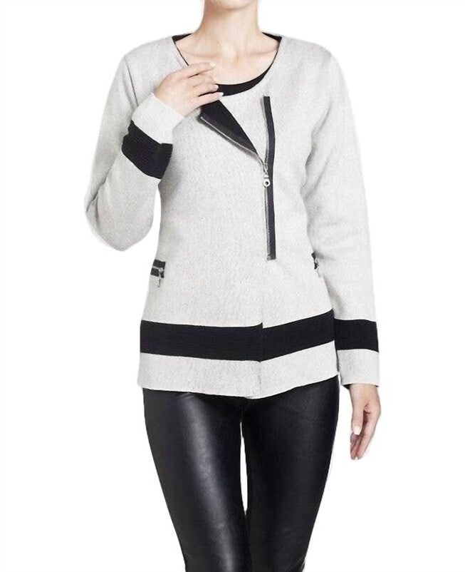 CONTRAST OFF-CTR ZIP CARDIGAN IN STONE/BLACK, StoneBlack / Black, hi-res image number null
