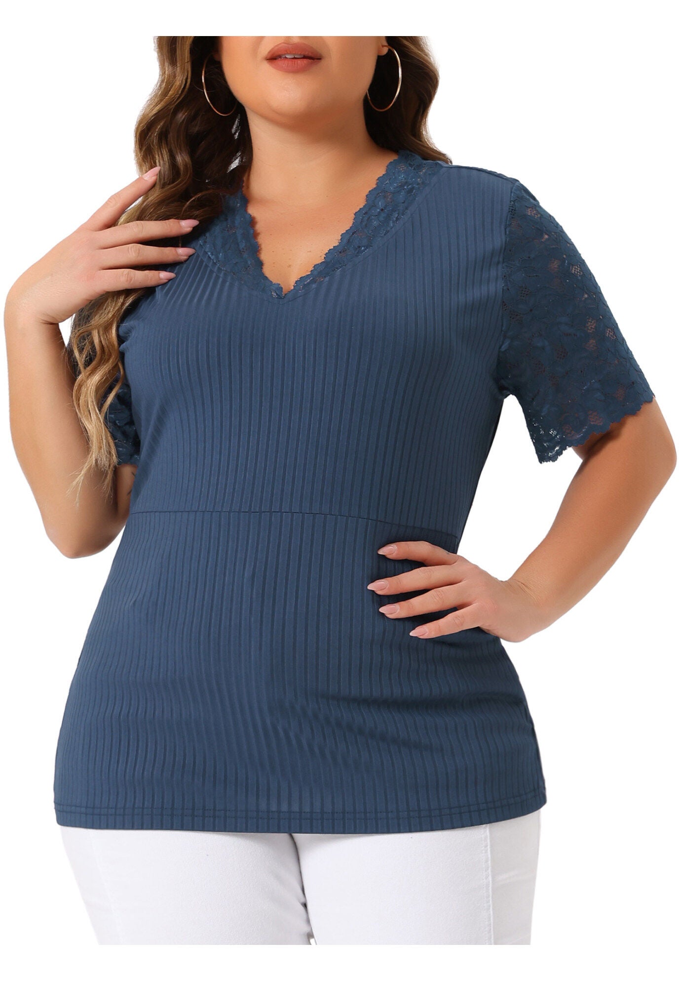 V Neck Short Sleeve Lace Ribbed Knit Tunic Top, Navy Blue / Navy, alternate image number 2