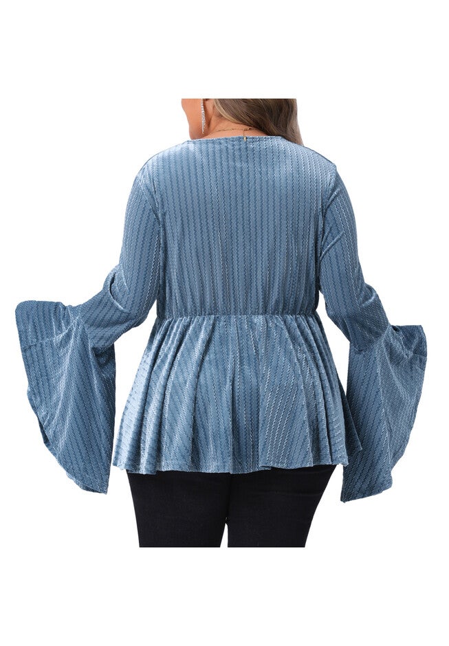 Velvet Faux Wrap Bell Sleeve Peplum Velvet Blouses, Blue / Dusty Blue, alternate image number 3