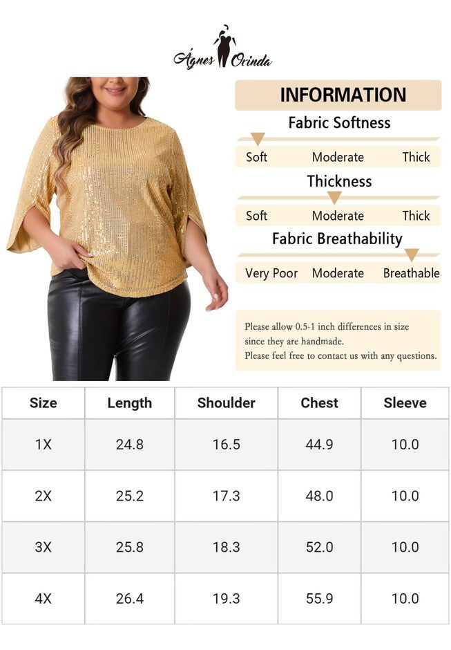 Glitter 3/4 Slit Sleeve Shimmer Sequin Blouse Top, Gold / Gold, alternate image number null