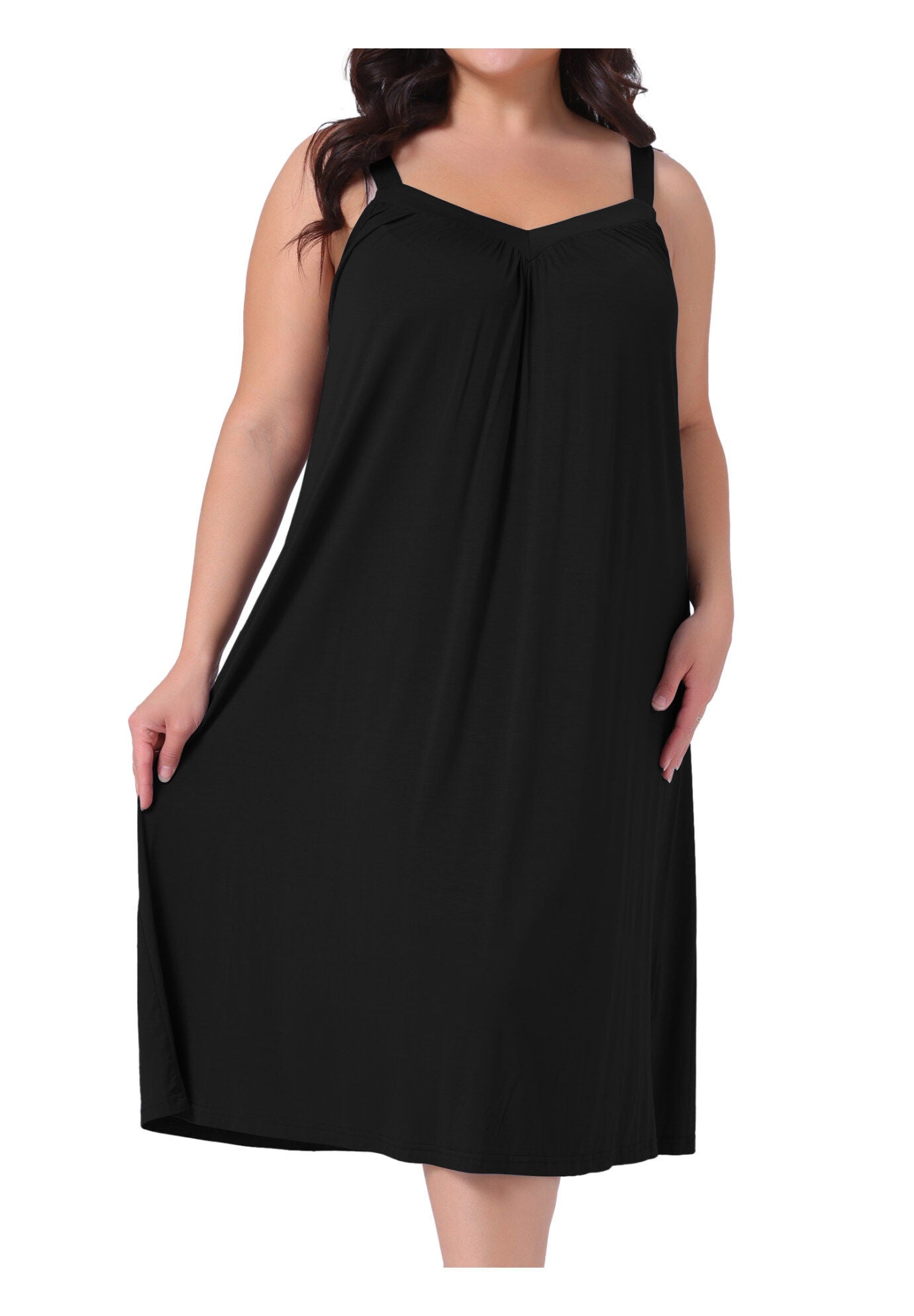 Spaghetti Strap V Neck Sleeveless Chemise Nightdress, Black / Black, alternate image number 2