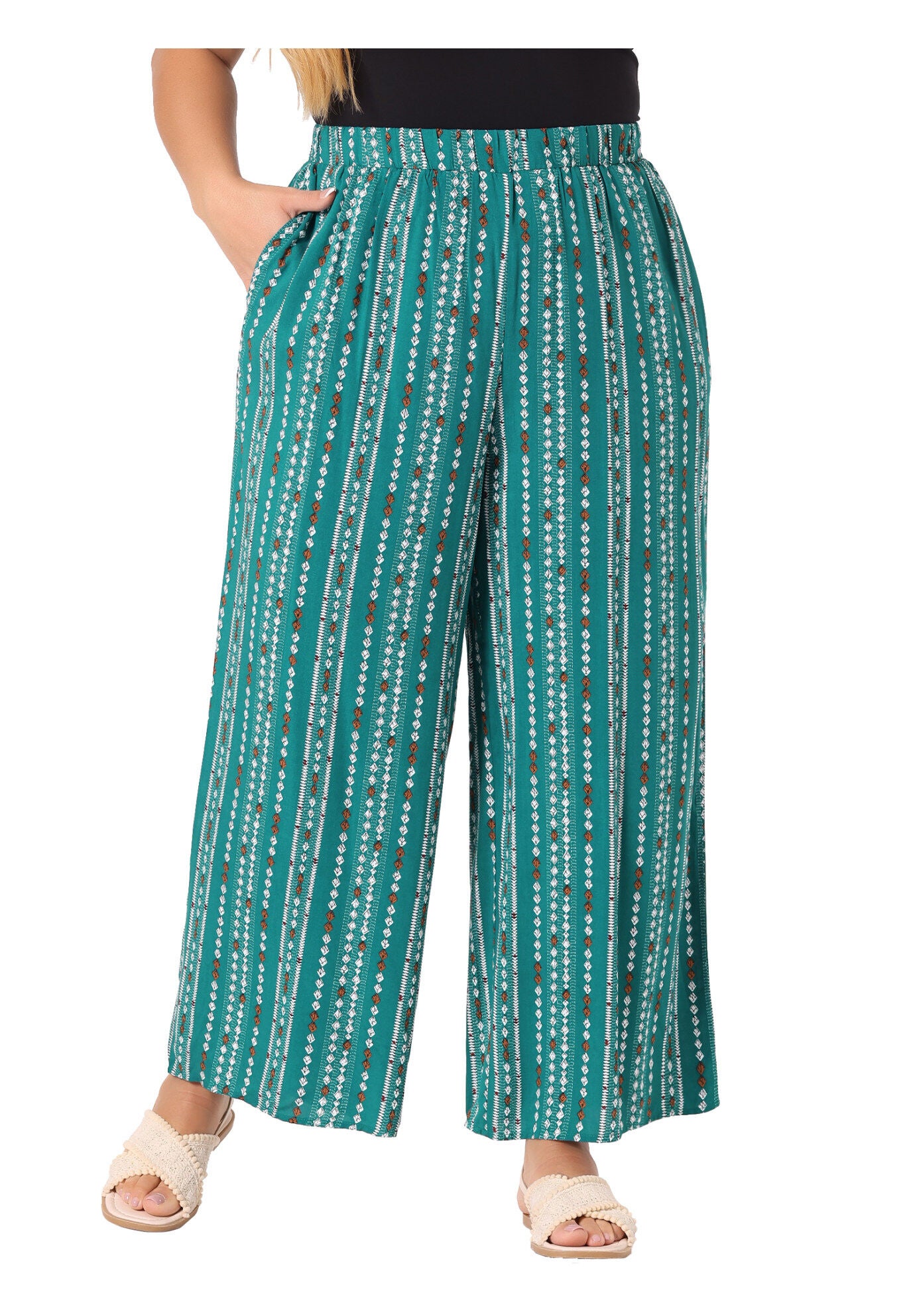 STRIPE BOHO WIDE LEG PAPER BAG PALAZZO PANTS, Lake Blue / Azure Blue, alternate image number 3