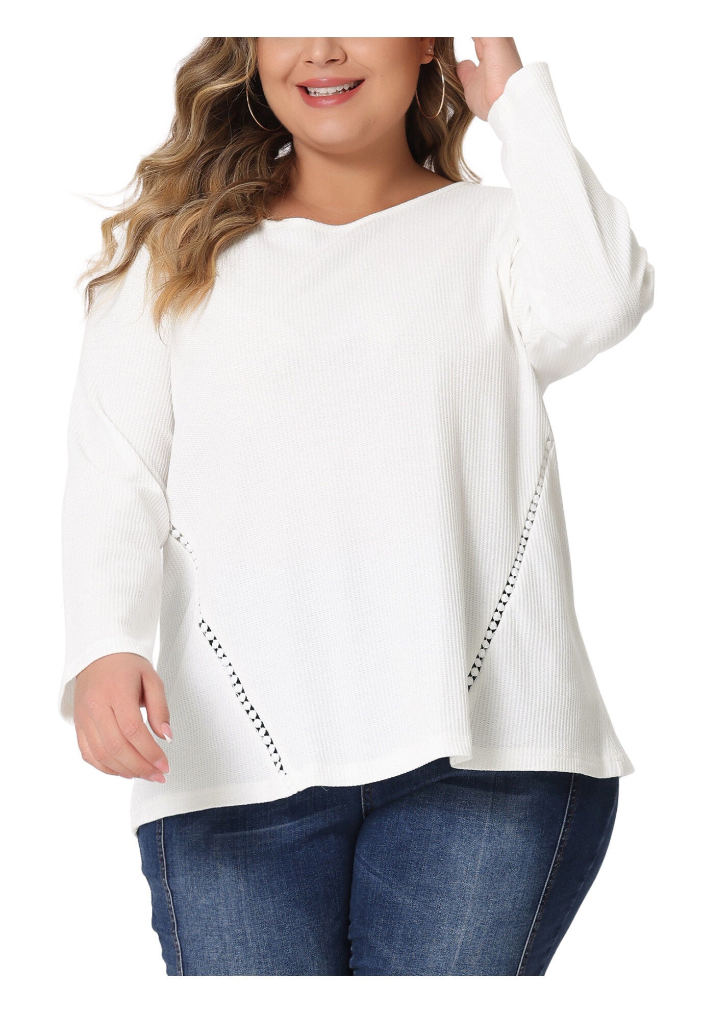 WAFFLE KNIT CAUSAL ROUND NECK TOP, White / White, alternate image number 1