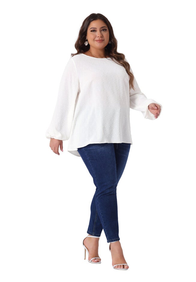 Crewneck Chiffon Blouses Swiss Dots Long Sleeve Top, White / White, hi-res image number null