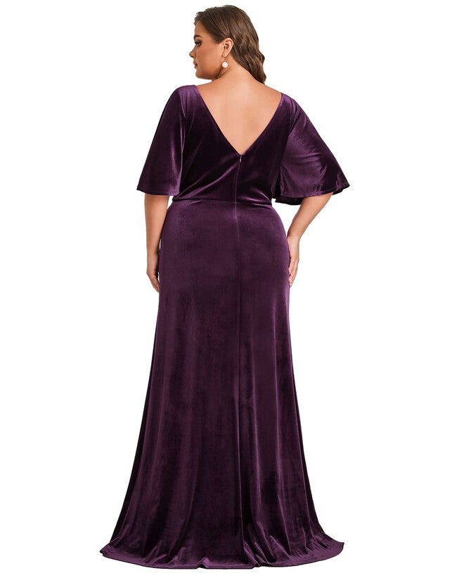 Elegant Double V Neck Velvet Party Dress with Sleeves, Dark Purple / Purple, alternate image number null