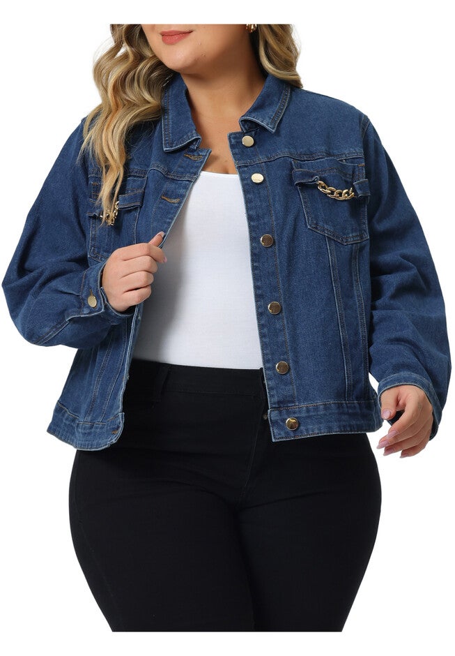 Long Sleeves Button Down Cropped Denim Jean Jackets, Blue / Chambray Denim Medium, alternate image number 2