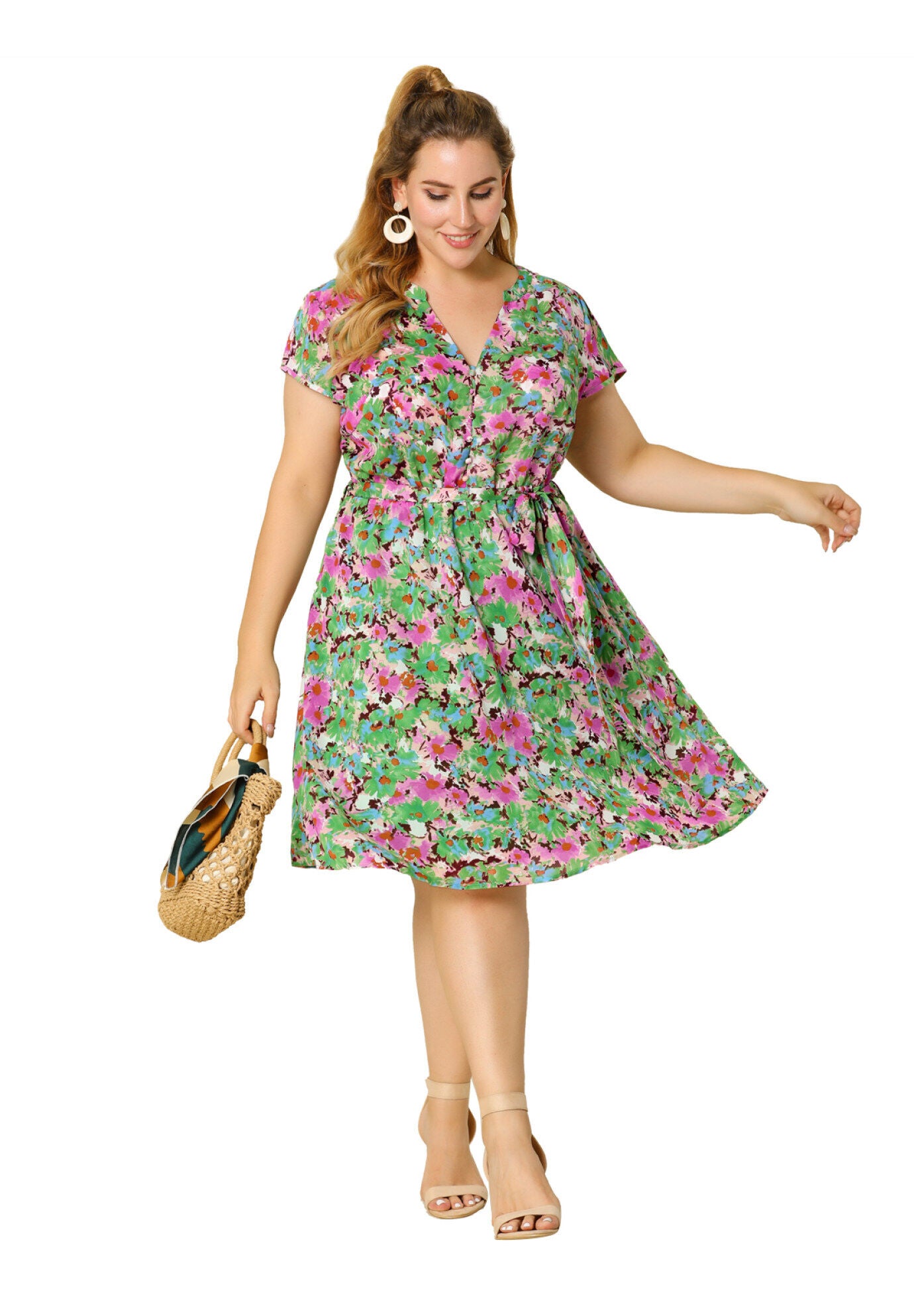 V Neck Belted Summer Floral Dress, Olive Green / Olive Green, hi-res image number 0