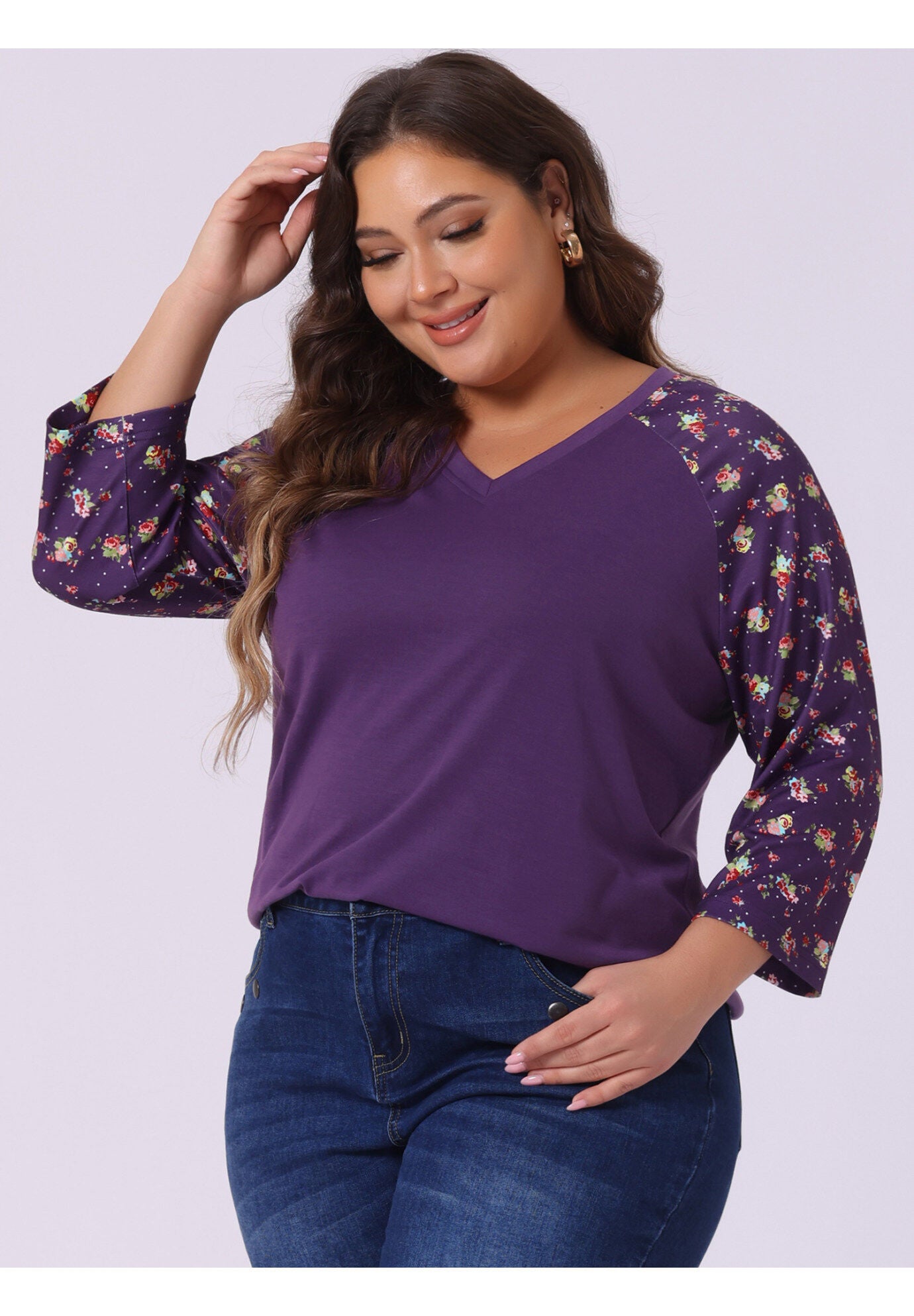 Casual V Neck 3/4 Sleeve Floral Raglan Top, Purple / Purple, alternate image number 1