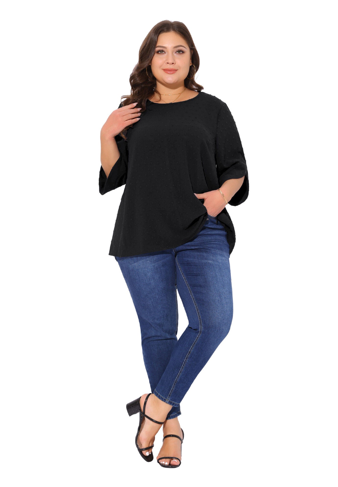 Round Neck Petal Sleeve Swiss Dots Blouse Top, Black / Black, hi-res image number 0