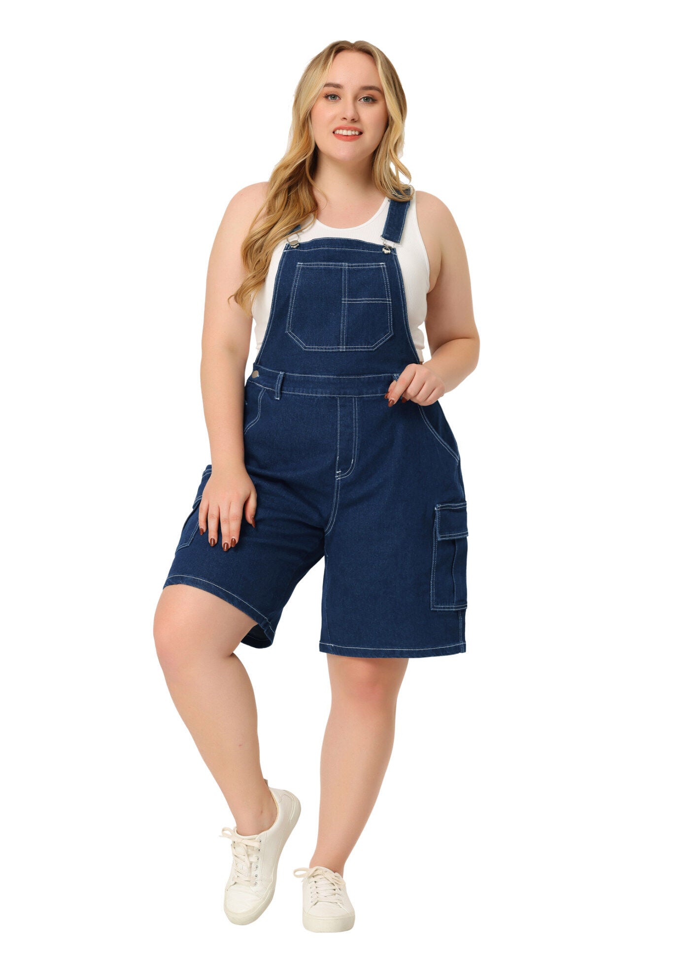 ADJUSTABLE STRAP BIB CARGO POCKET JEAN DENIM OVERALL SHORTS, Dark Blue / Navy, hi-res image number 0