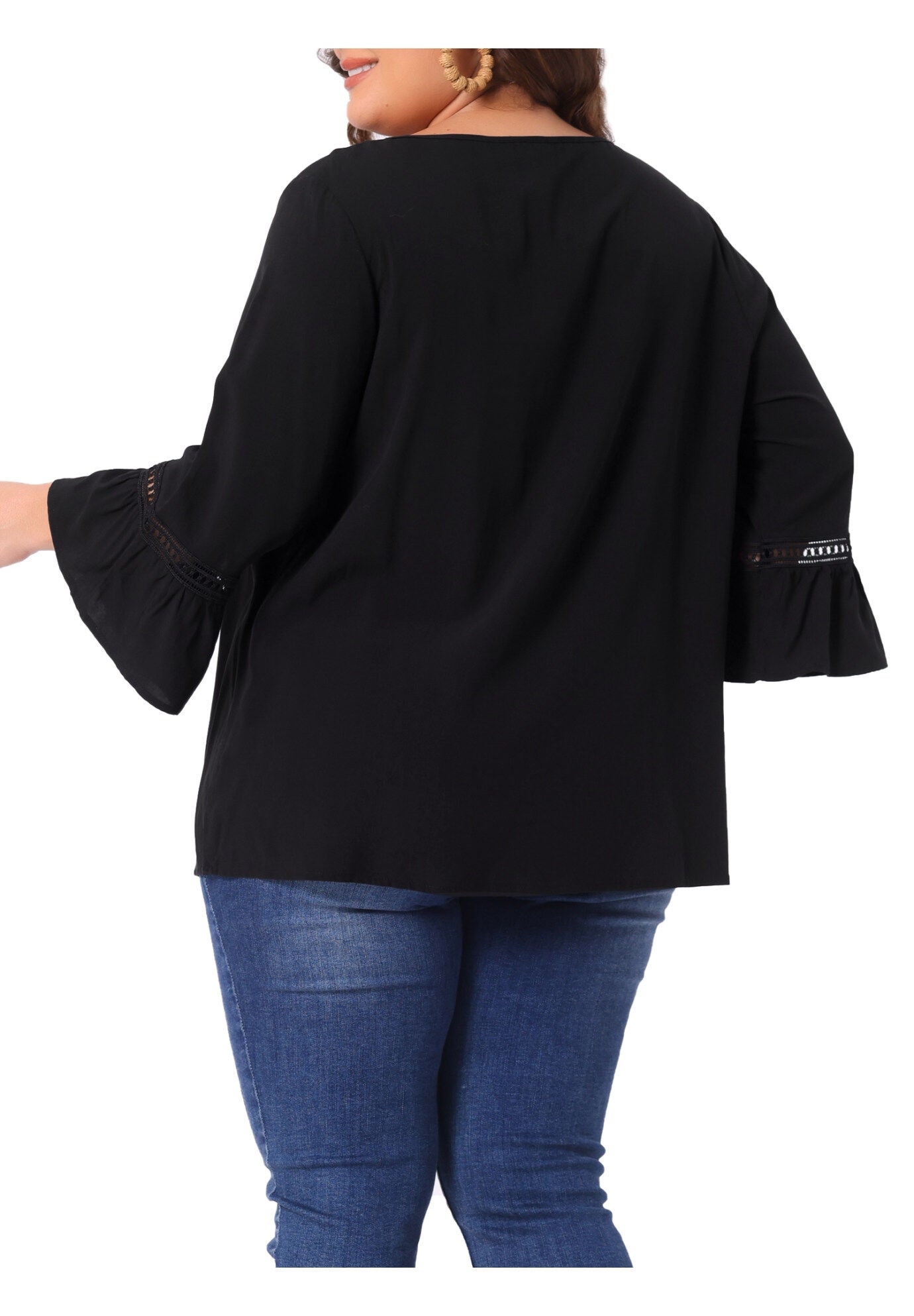 3/4 FLARE SLEEVE PEASANT KEYHOLE TIE BLOUSE TOP, Black / Black, alternate image number 3