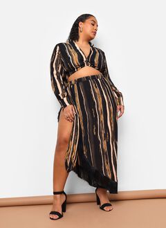 ALAIA STRIPE PRINT FRINGE MAXI WRAP SKIRT