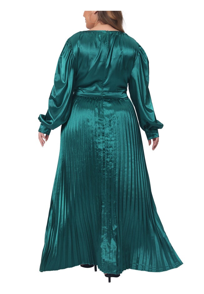 Lantern Long Sleeve Flowy Swing Pleated Maxi Dress, Green / Deep Fuchsia, alternate image number 3