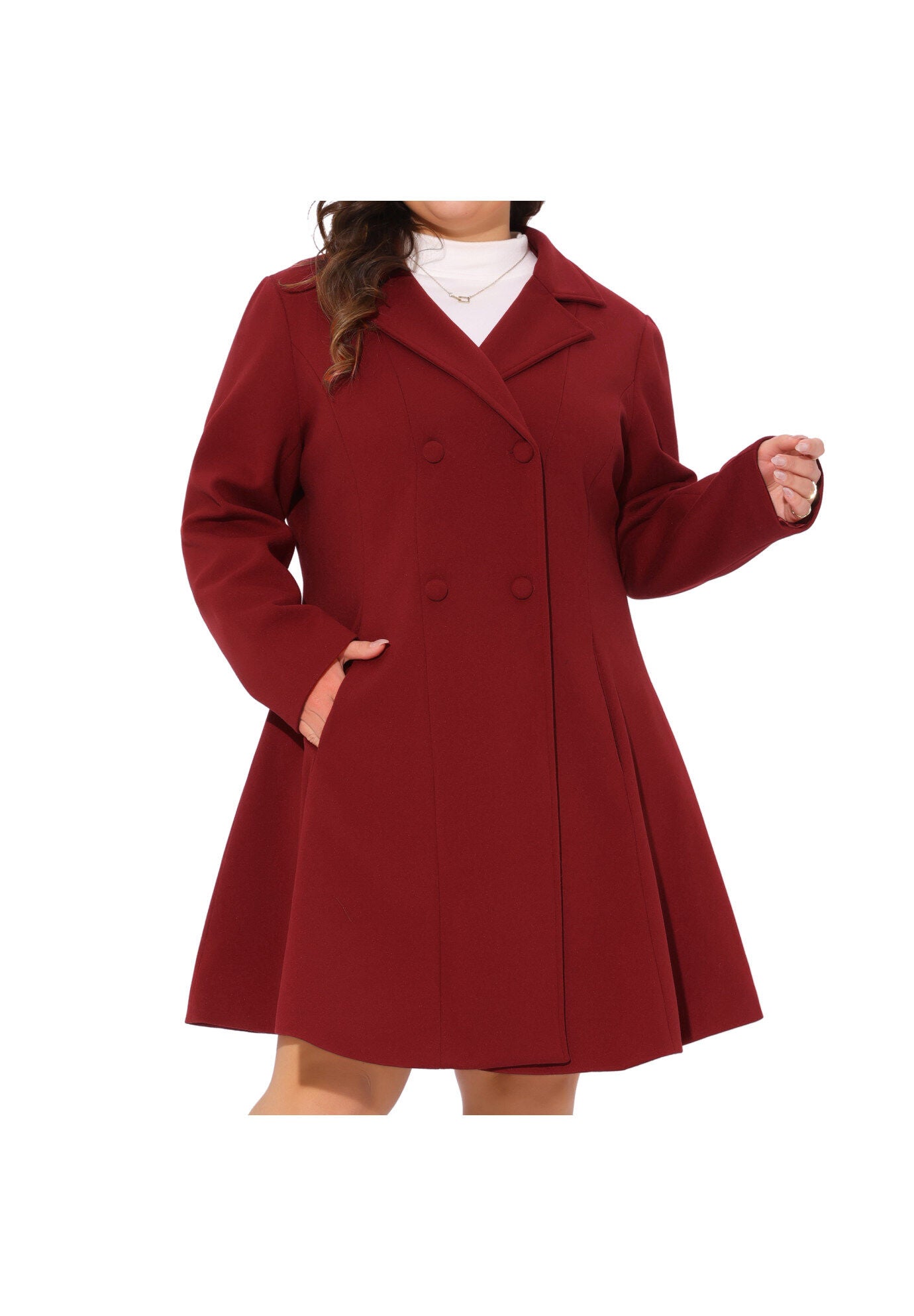 Notch Lapel Double Breasted A Line Peacoat Trench Coat, Burgundy / Burgundy, alternate image number 2