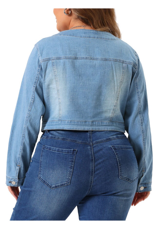 COLLARLESS CHEST POCKETS BUTTON DOWN CROP DENIM JACKET, Light Blue / Light Blue, alternate image number 3