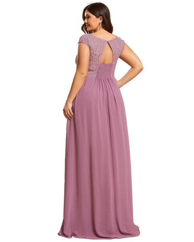 Elegant Chiffon Maxi Evening Dress with Lace Cap Sleeve, Purple Orchid / Purple, alternate image number null