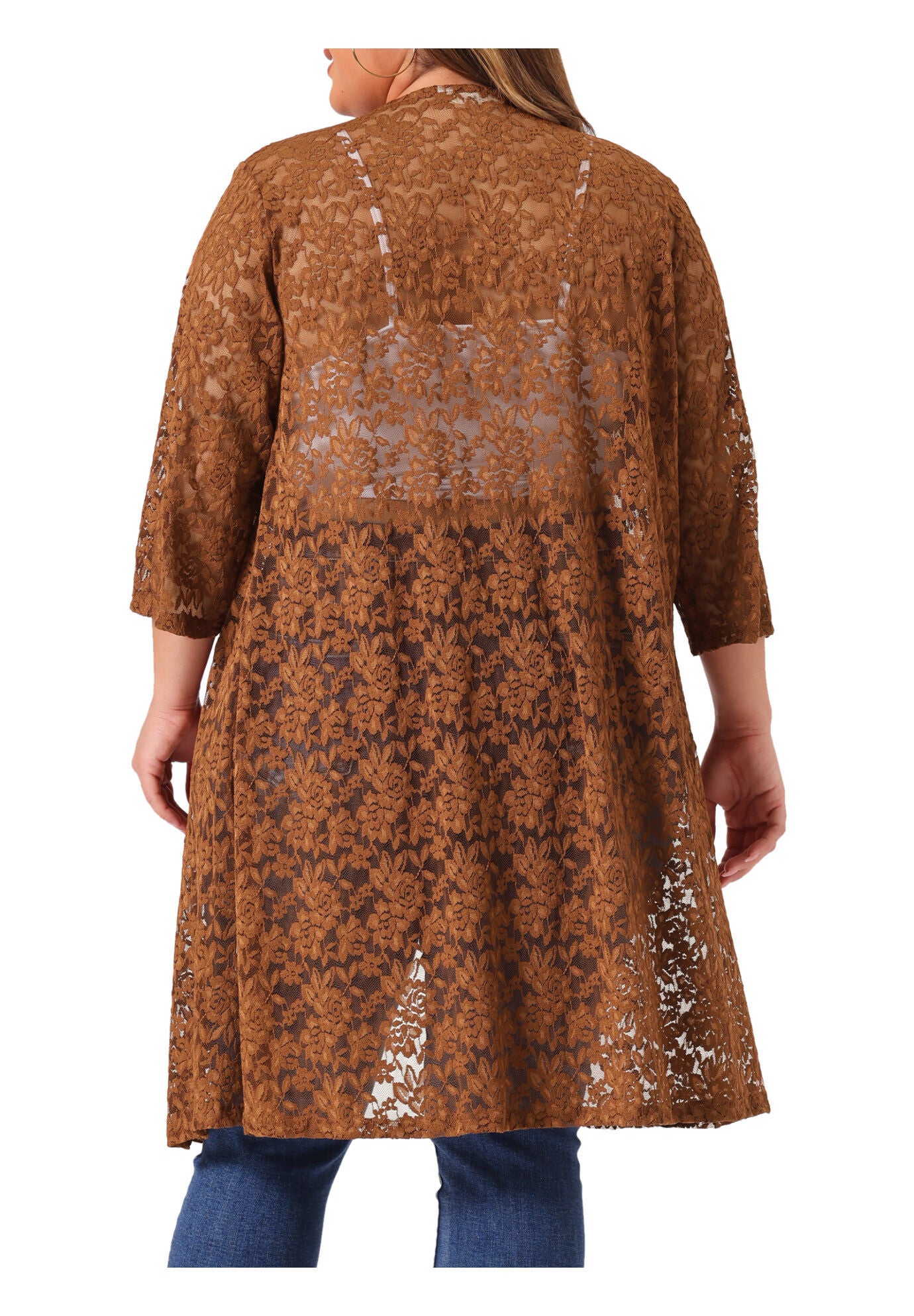 LACE CROCHET 3/4 SLEEVE COVER UP CARDIGAN, Brown / Brown, alternate image number 3