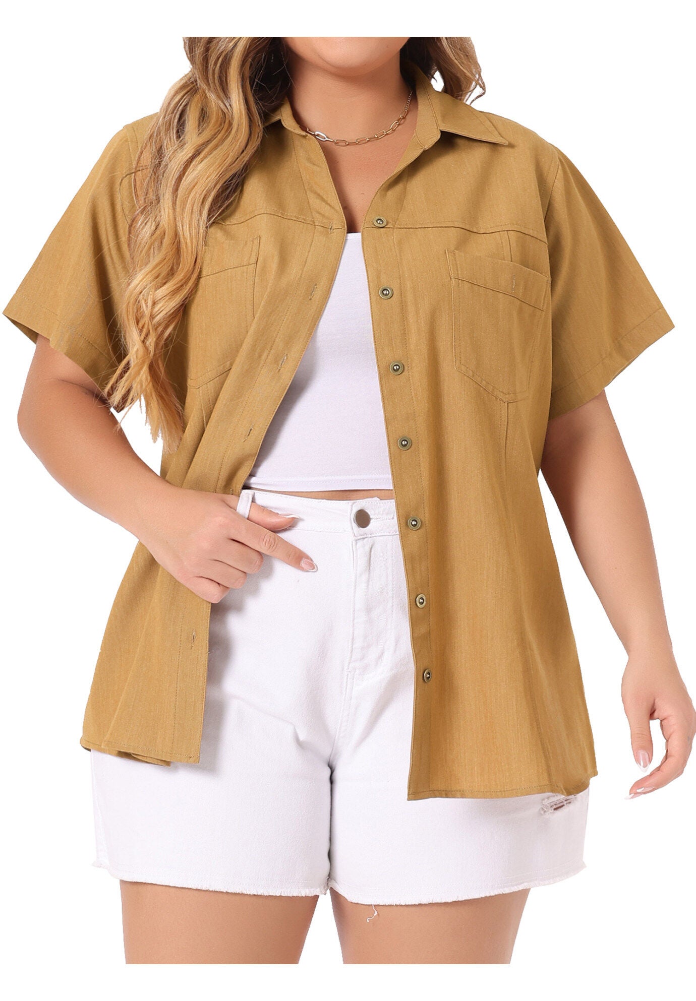 Short Sleeve Chambray Button Down Denim Shirt, Light Brown / Brown, alternate image number 2