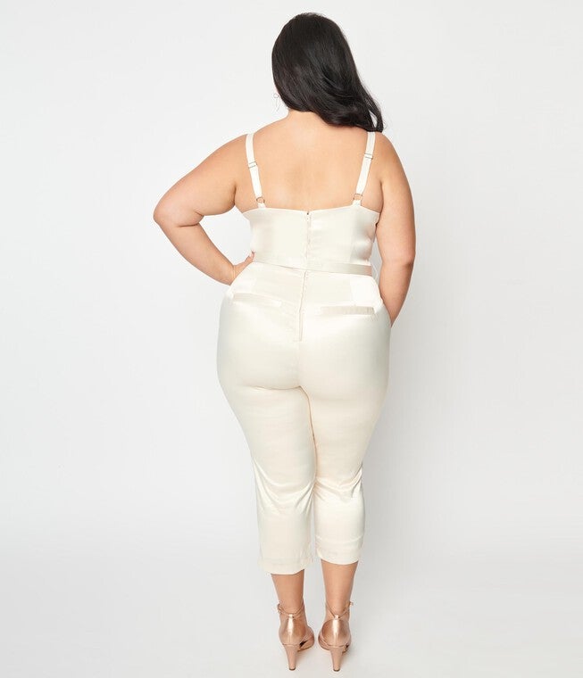 Unique Vintage Cream Satin Bridal Marcel Jumpsuit, , alternate image number null