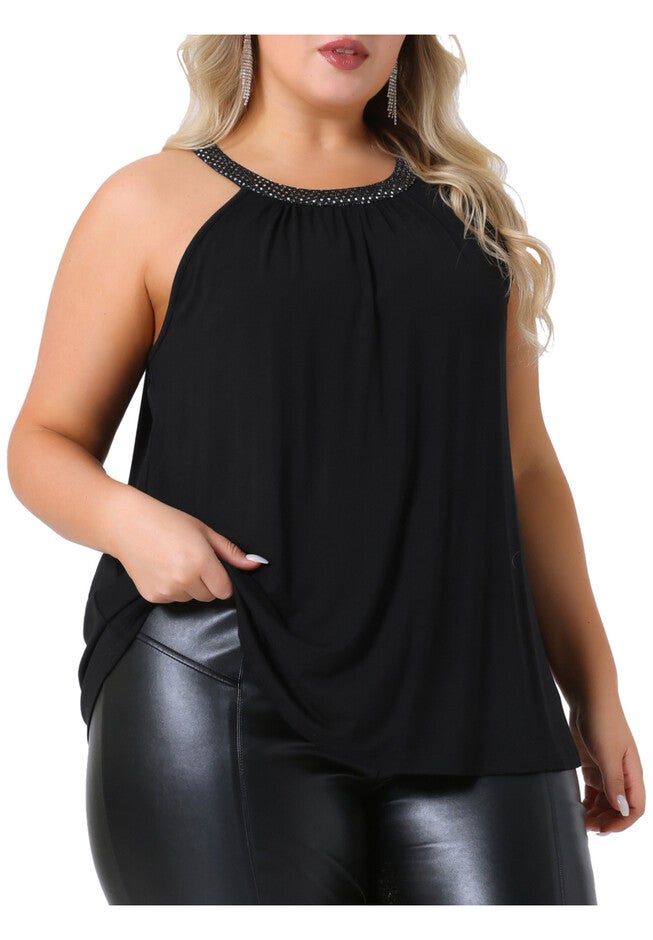 Sparkling Halter Neck Sleeveless Flowy Cami Top, Black / Black, alternate image number null