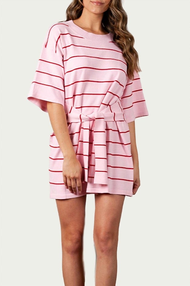 CYBELLE BELTED KNIT MINI DRESS IN PINK STRIPE, Pink Stripe / Pink, hi-res image number 0